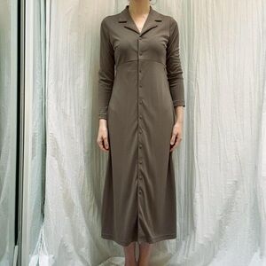Earthy Green Brown Button Down Collared Maxi Dress with Back Ties Vintage 90s